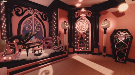 Halloween Dorm Royale High, Goth Royale High Dorm, Rh Dorm Layout, Rh Dorm Ideas, Room Ideas Goth, Royale High Dorm Ideas, Rh Interiors, High Room Ideas, Halloween Dorm