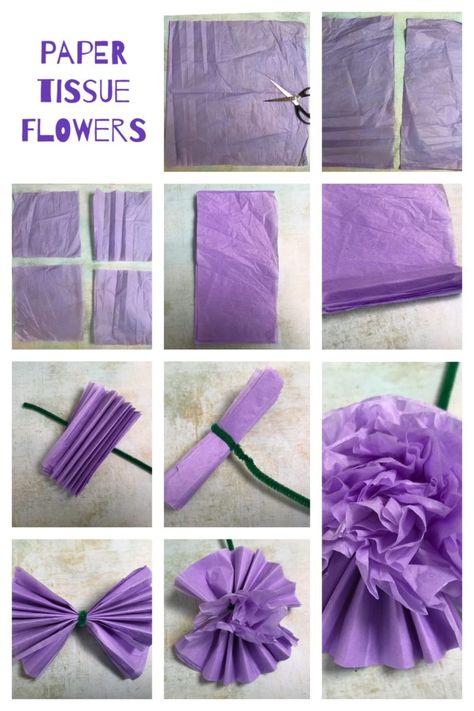 Paper Tissue Flowers, Tissue Paper Flowers Easy, Crafts Simple, Tissue Paper Flowers Diy, Tissue Paper Crafts, Tissue Flowers, Easy Paper Flowers, Paper Flower Crafts, How To Make Paper Flowers