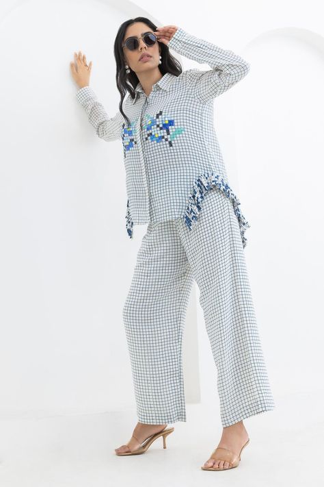 Pooja Rajgariha Gupta off white printed shirt and trouser set Checkered Pattern Aesthetic, Mum Outfits, Off White Shirt, Hand Embroidered Flower, Fashion 2025, Co Ords Outfits, Coord Sets, Cord Set, Office Wear Women