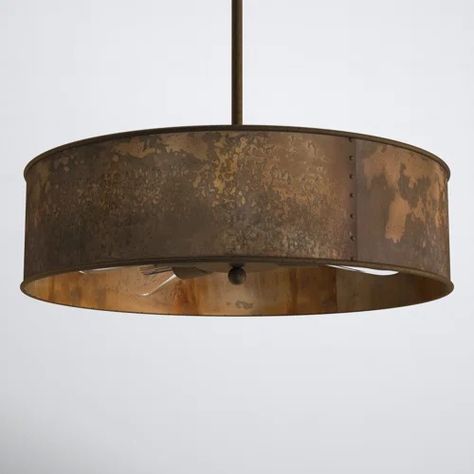 Laurel Foundry Modern Farmhouse Ryne 4 - Light Unique Drum Chandelier | Wayfair Metal Drum Pendant Light, Drum Pendant Light, Metal Drum, Wagon Wheel Chandelier, Closet Lighting, Kichler Lighting, Geometric Chandelier, Copper Lighting, Lighting Options