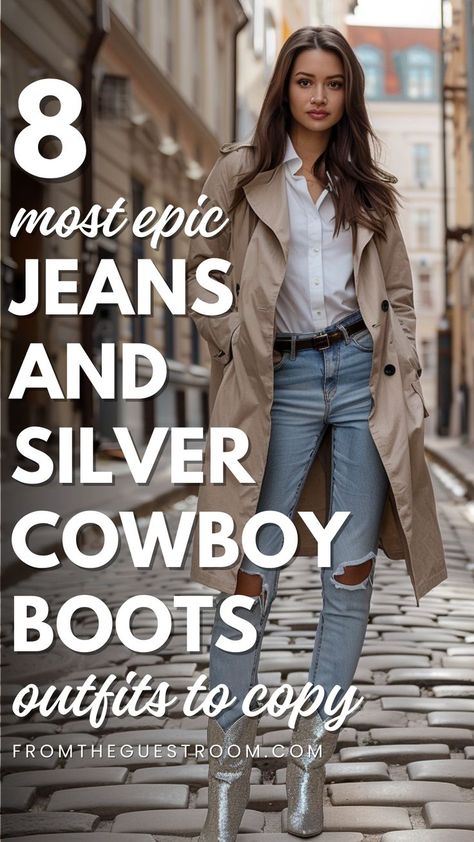 a woman wears jeans and silver cowboy boots, western outfits Cowboy Boots And Jeans Outfit, Jeans And Cowboy Boots Outfit, Boots Outfit Street Style, Black Cowgirl Boots Outfit, Cowboy Boots Outfit Fall, Outfits Cowboy Boots, Cowboy Boots Outfit Winter, Brown Cowboy Boots Outfit, White Cowboy Boots Outfit