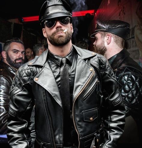 Eye Candy of Various Types Muir Cap, Mafia Wallpaper, Moustaches Men, Leather Fashion Men, Leather Kits, Mens Leather Clothing, Tom Of Finland, Leather Clothing, Leather Gear