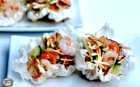 Vietnamese-inspired shrimp salad in rice paper puffs Rice Paper Puffs, Cabbage Slaw Recipes, Egg Roll Filling, Chicken And Cabbage, Refreshing Snacks, Puffed Rice, Slaw Recipes, Napa Cabbage, Cabbage Slaw