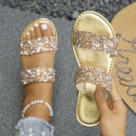 Temu | Explore the Latest Clothing, Beauty, Home, Jewelry & More Flat Summer Shoes, Sequin Flats, Pretty Sandals, Fashion Slides, Double Strap Sandals, Sandals Gold, Summer Slippers, Summer Flats, Girly Shoes