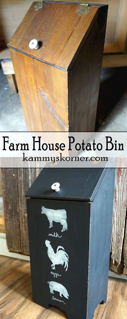 Kammy's Korner: Farm House Country style Potato Bin.  Distressed black and white cow, chicken, and pig. (Milk, eggs, bacon) Repurposed Potato Bin Ideas, Potato Bin Makeover, Potato Bin Diy, Potato Bins, House Country Style, Potato And Onion Bin, Potato Box, Potato Bin, Wooden Bins