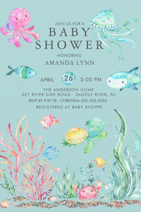 Cute Under the Sea Baby Shower Invitations Ocean Themed Baby Shower Ideas Girl, Sea Baby Shower Theme, Forest Animal Baby Shower, Ocean Baby Showers, Sea Baby Shower, Boho Baby Shower Invitations, Woodland Baby Shower Invitations, Couples Shower Invitations