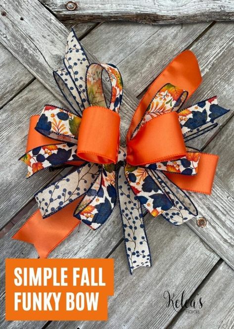 pin image with image of finished bow and a bold title that says "Simple Fall Funky Bow" Funky Bows How To Make, Funky Bow Tutorial, Halloween Bows Diy, Making Bows Out Of Ribbon Step By Step, How To Make Bows With Ribbon, Making Bows For Wreaths, Funky Bow, Bow Making Tutorials, Bow Maker