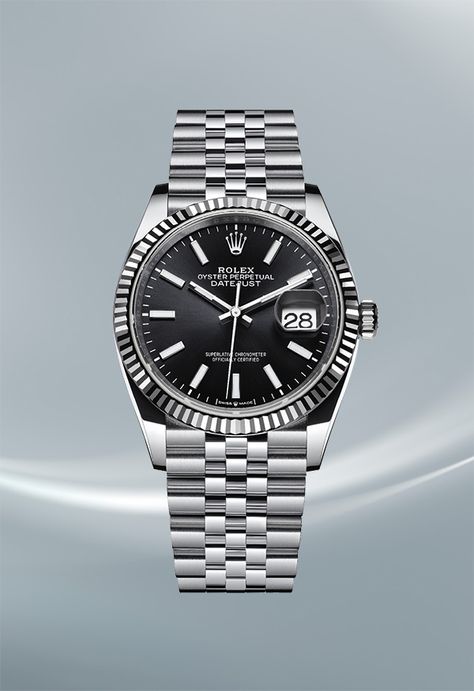 The Oyster Perpetual Datejust 36 in a white Rolesor version (combining Oystersteel and 18ct white gold) features a refined black sunray-finish dial, a fluted bezel and a Jubilee bracelet. #Rolex #Datejust #Baselworld2019 Corel Draw Design, Rolex Datejust Ii, Rolex Oyster Perpetual Datejust, Oyster Perpetual Datejust, Swiss Army Watches, Watches Rolex, Men's Watches Luxury, Rolex Oyster Perpetual, Rolex Oyster