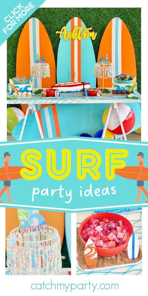 Surf Party Centerpieces, Surfboard Backdrop, Totally Twobular, Surfing Birthday Party, Surf Theme Party, Vintage Beach Party, Surfing Party, Surfer Party, Welcome Home Party