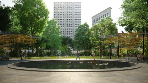 From April 30, 2015 through January 10, 2016, those visiting Madison Square Park will get to experience a brand new installation that is inspired by golden foliage. Artist Teresita Fernández debuts Fata Morgana, an Italian phrase meaning mirage that consists of a 500-foot-long sculpture erected in six sections. Hundreds of polished metal discs will float in the sky casting a bright golden glow that will make it visible from blocks away. Its intricate pattens will make it seem like sunlight i... Park Art Installation, Madison Square Park, Fata Morgana, Italian Phrases, Public Garden, Park Art, January 10, Madison Square, Water Feature