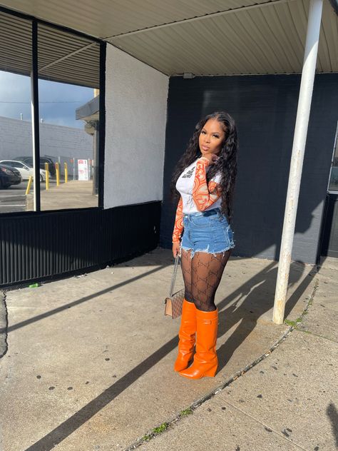 Orange Thigh High Boots Outfit, Orange Bodysuit Outfit Black Women, Black Shark Boots Outfit, Pink Shark Boots Outfit Black Women, Outfits With Shark Boots, Orange Fall Outfits Black Women, Shorts With Tights Outfit Black Women, Shark Boots Outfit Ideas, Orange Boots Outfit