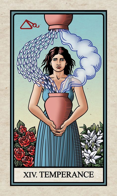 "This is my newest version of the Temperance card for my Alchemical Tarot Reimagined. The figure represent the alchemist Bain-Marie, who is the inventor of Distillation (capturing the process of evaporation and precipitation and nurturing the rose and lilys of perfection). The symbol representing Distillation appears at the top, She is health, beauty, balance, timing." ___Robert Place Alchemical Tarot, Temperance Card, Temperance Tarot Card, Temperance Tarot, The Alchemist, Tarot Card, The Rose, Alchemy, Tarot Cards