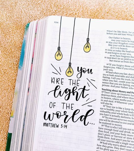 Emma's Bible Journaling’s Instagram post: “You are the light of the world. A city set on a hill cannot be hidden. Nor do people light a lamp and put it under a basket, but on a…” Bible Cards, Our Father Prayer, Bible Drawing, Bible Journaling Ideas Drawings, Bible Doodling, Bible Journal Notes, Bible Study Plans, Our Father In Heaven, Inspire Bible Journaling