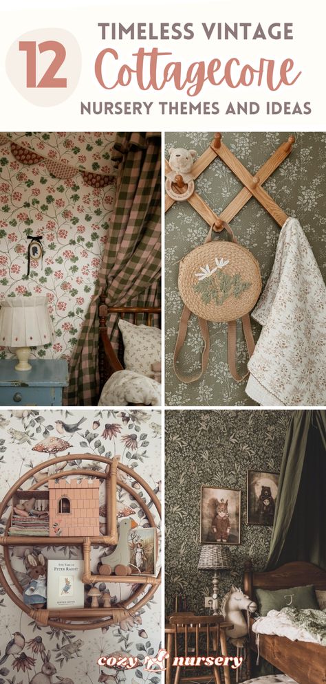 12 Vintage Cottagecore Nursery Themes and Ideas – Cozy Nursery Woodland Vintage Nursery, Vintage Wildflower Nursery, Vintage Nursery Wall Decor, English Countryside Nursery, Vintage Fairytale Nursery, Vintage Farm Nursery, Cottagecore Playroom, Vintage Nursery Girl, Nursery Wall Collage