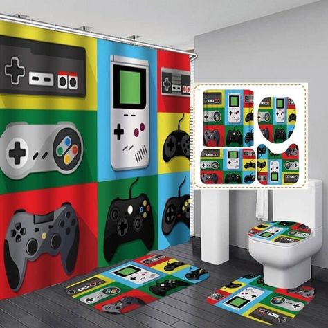 Gaming Shower Curtain Bathroom Decor Colorful, Curtains For Kids, Gamer Controller, Rugs For Bathroom, Shower Rings, Toilet Lid Cover, Boys Bathroom, Kids Curtains