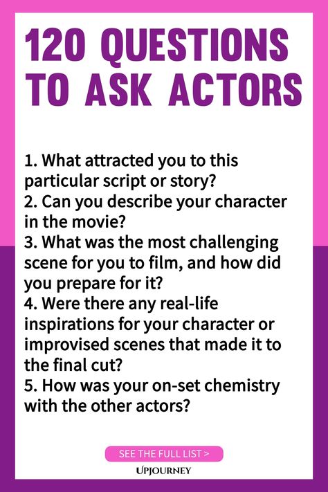 Explore the ultimate list of 120 thought-provoking questions to ask actors! Whether you're hosting a Q&A session or just curious about their craft, these questions will spark engaging conversations and insights. Perfect for aspiring actors, filmmakers, or anyone interested in the creative process. Elevate your interviews and deepen your industry knowledge with this comprehensive resource. Questions For Actors, Interview Questions To Ask, 21 Questions, Asking The Right Questions, 20 Questions, The Creative Process, Networking Event, Interview Questions, Conversation Starters