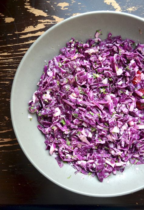 Coconut Lime Cabbage Slaw: This vegan coleslaw recipe made with coconut milk, lime juice, shredded cabbage, and cilantro is the perfect side dish for all your favorite summer recipes. Lime Cabbage Slaw, Vegan Coleslaw Recipe, Red Cabbage Coleslaw, Purple Cabbage Slaw, Coleslaw Sandwich, Jackfruit Burger, Asian Cabbage, Cabbage Slaw Recipes, Eat Beautiful