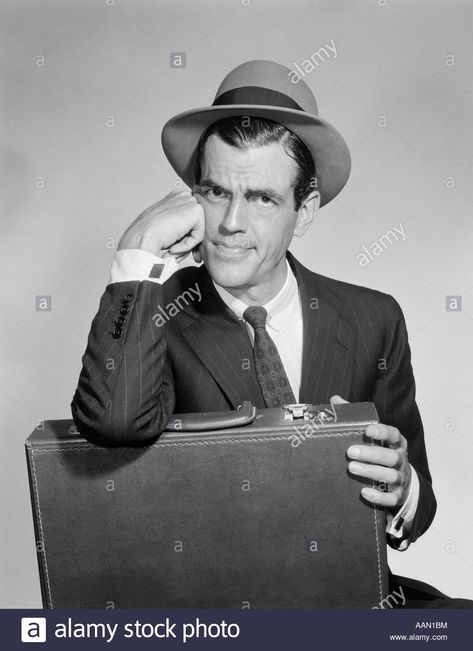 1950s Salesman Holding Briefcase In Lap Resting Elbow On Case ... Holding Briefcase Reference, Traveling Salesman, Resting Face, Professional Portrait, Shirt Tie, Poses Reference, Design Board, Character Poses, Art References