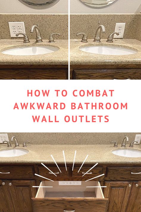 Outlet Under Bathroom Sink, Bathroom Vanity Hidden Outlet, Hidden Electrical Outlets Bathroom, Bathroom Vanity Outlet Placement, Hidden Bathroom Outlets, Bathroom Electrical Ideas, Bathroom Power Outlet, Bathroom Vanity Drawer Pulls, Hidden Outlets In Bathroom