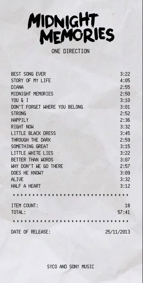 Music Receipt Aesthetic, Midnight Memories Album Cover, Midnight Memories Aesthetic, Song Receipts, Aesthetic Receipt, Receipt Aesthetic, Music Receipt, 1d Posters, Journaling Prints