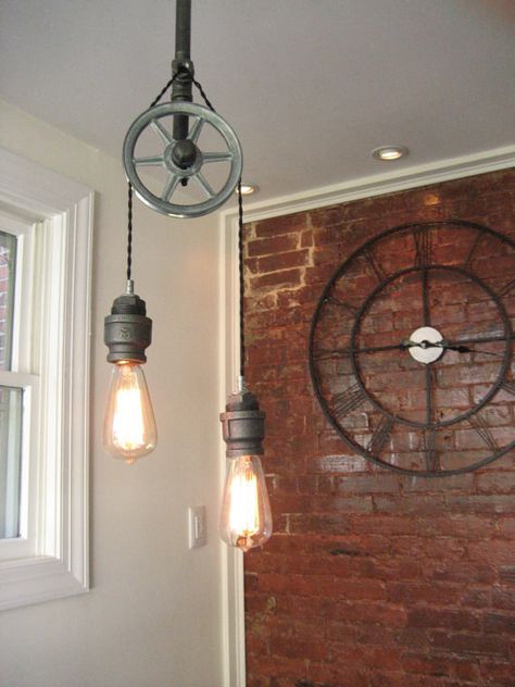 This overhead steel pulley lamp. Steampunk Ceiling, Understairs Toilet, Recycle Furniture, Steampunk Rooms, Steampunk Bedroom, Pulley Lamps, Steampunk Bathroom, Steampunk Home Decor, Pulley Light