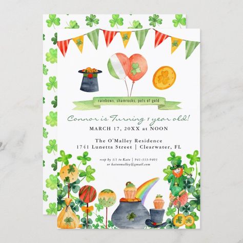 Lucky Leprechaun, 1st Birthday Invitation, St Paddys Day, 1st Birthday Invitations, First Birthday Invitations, Pot Of Gold, 1st Bday, Paper Projects, Zazzle Invitations