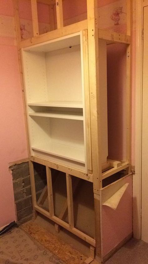 Step 6: Adding the shelves. Bulk Head Ideas, Bulkhead Storage Ideas, Wardrobe Over Stairs Bulkhead, Bulk Head Ideas Bedroom, Stair Bulkhead Ideas Bedroom, Stair Bulkhead Ideas, Bulkhead Storage, Stair Box Ideas, Stair Box In Bedroom