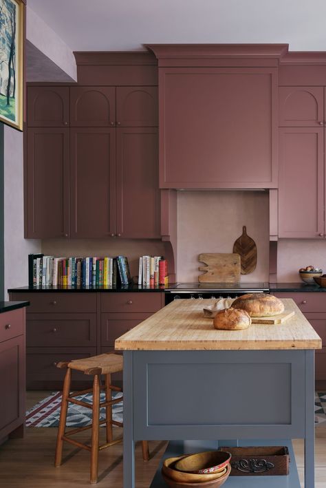 house beautiful kitchen paint color ideas Mauve Cabinets, Decorative Range Hood, Kitchen Paint Color Ideas, Purple Kitchen Cabinets, Kitchen Paint Color, Range Hood Ideas, Plum Kitchen, Purple Cabinets, House Beautiful Kitchens