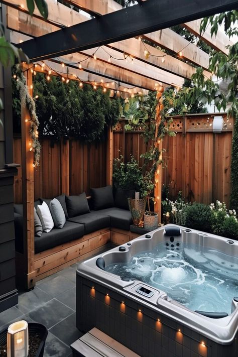 Hot tub area with privacy provided by a chic wooden pergola and ambient lights. Backyard Remodel With Hot Tub, Cool Hot Tub Ideas, Hot Tub Sunroom Ideas, Small Garden Hot Tub, Outside Hot Tub Area, Landscape Hot Tub, Patio Jacuzzi Ideas, Hot Tub Room Ideas Indoor, Hot Tub Lighting Ideas