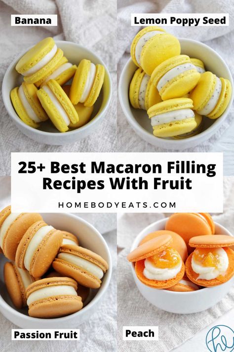 I love making macarons with fresh, freeze dried, and even frozen fruit. They give the macarons such great flavor! All of these fruit filling recipes and ideas look amazing! There's everything from strawberry fillings to blueberry, raspberry, mango, and banana. I love layering these flavors with some buttercream and ganache too. Passion Fruit Macaron Recipe, Freeze Dried Mango Recipes, Raspberry Macaron Filling, Macroonies Recipe Flavors, Macaron Ganache Filling, Piping Peonies, Maccarone Recipes, Macaroons Ideas, Macaron Recipe Flavors