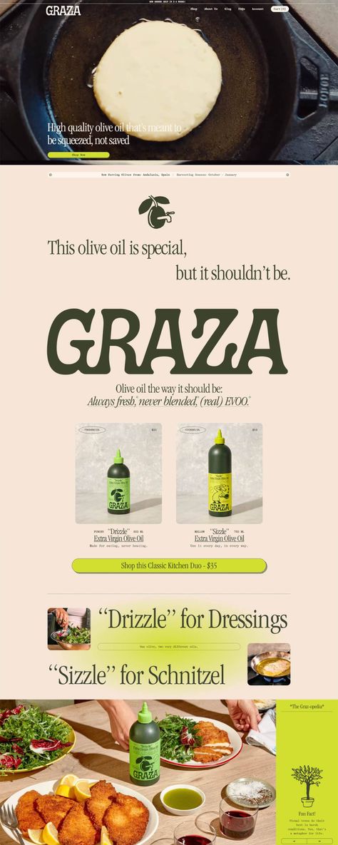 Graza | eCommerce Website Design Gallery & Tech Inspiration Graza Oil, Cooking Graphic Design, Jones Soda, Ui Website, Fresh Olives, Tech Inspiration, Ecommerce Website Design, Drinks Design, Shopify Website