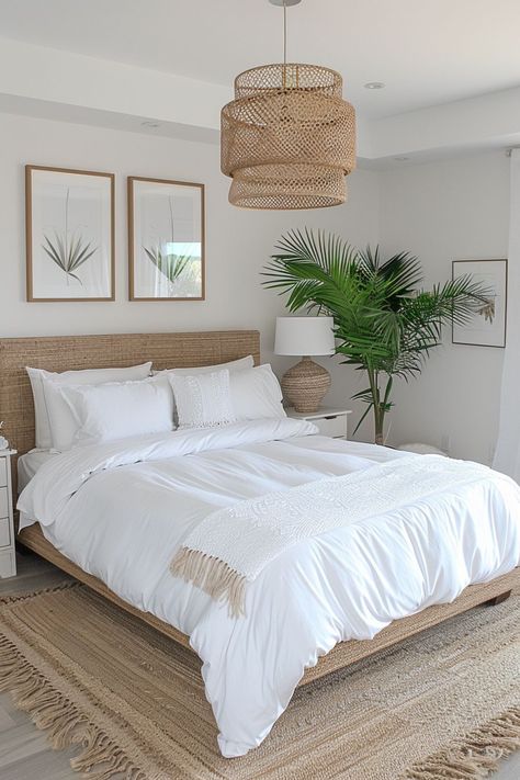 Lake House Rooms Bedrooms, Rental Bedroom Ideas Apartment, Seagrass Bedroom Ideas, Hawaii Interior Design Decorating Ideas, Coastal Bedroom Inspiration, White Beach Bedroom, Home Bedroom Refresh, Small Bedroom Lighting Ideas, Cozy Summer Bedroom