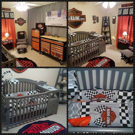 Harley Davidson Nursery Harley Davidson Bedroom Ideas, Harley Davidson Nursery, Harley Davidson Gender Reveal, Harley Davidson Baby Shower Ideas, Baby Harley Davidson, Harley Davidson Baby Shower, Motorcycle Nursery, Harley Baby, Biker Baby