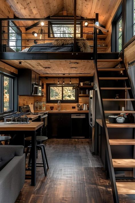 Industrial Tiny House Interiors, Small Loft House Exterior, Loft Adu, Shed Loft Ideas, Small Loft House Design, Tiny Home With Loft, Shed Homes Ideas, Tiny Home Ideas, Loft House Design