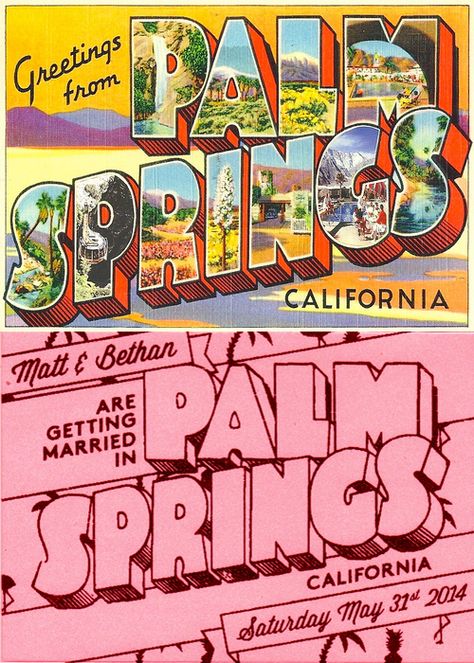 Palm Springs Vintage, Postcards Inspiration, Vintage Palm Springs, California Postcard, Vintage Postcards Travel, Travel Postcard, Postcard Design, Wedding Save The Date, The Groom