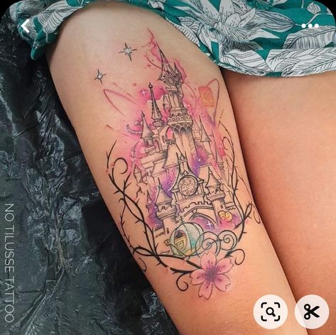 Theigh Tattoos, Lace Sleeve Tattoos, Minimalistic Tattoo Ideas, Disney Inspired Tattoos, 2023 Tattoo, Disney Sleeve Tattoos, Minimalistic Tattoo, Castle Tattoo, Disney Sleeve