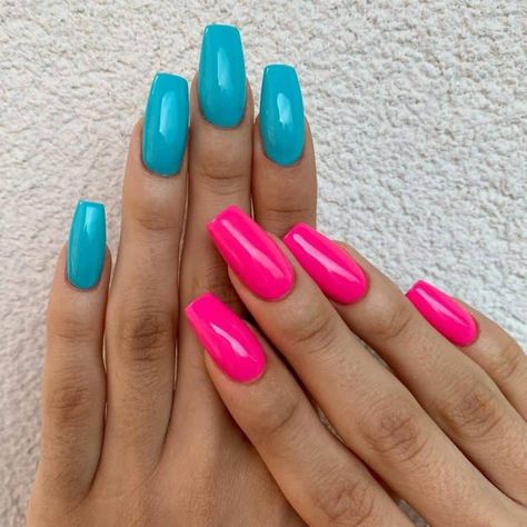 Two Hand Color Nails, Bright Blue And Pink Nails, Diff Color Nails On Each Hand, Nails Two Colors Each Hand, Two Nail Colors On Each Hand, Pink & Blue Nails, Bright Fingernails, Two Toned Nails Designs, Nails With Different Colors On Each Hand