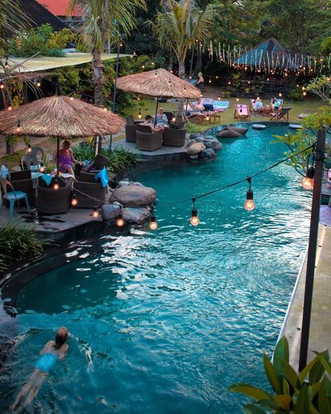 Ubud's Favourite Restaurant | Folk Pool & Gardens Round Pool Deck Ideas, Twilight Home, Pool Deck Ideas Above Ground, Pool Gardens, Island Pool, River Restaurant, Resort Design Plan, Pool Deck Plans, Resort Plan