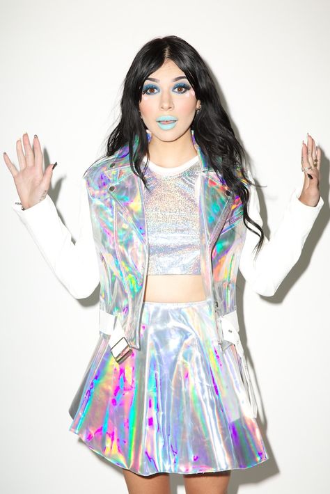 #hologram madness on Dolls Kill right now, feat #unif : http://www.dollskill.com/sitesearch?q=hologram Hologram Outfit, Iridescent Outfit, Holographic Outfit, Rainbow Dresses, Holographic Fashion, Rainbow Dress, Futuristic Fashion, Soft Grunge, Rave Outfits