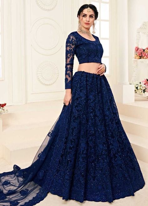 Luxury Blue Bollywood Embroidered Dress, Luxury Blue Bollywood Gown, Luxury Bollywood Blue Gown, Navy Walima Dress, Navy Blue Themed Wedding Bridesmaid Dresses, Stone Work Lehenga, Floral Thread Embroidery, Orang India, Lehenga Bridesmaid