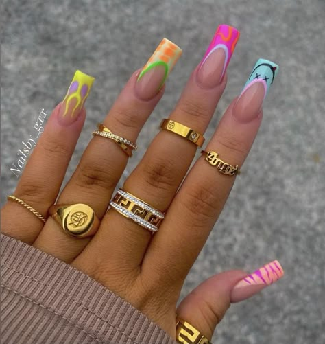 Mix Match Acrylic Nails, Multi Color Acrylic Nail Designs, Colorful Gel X Nails, Graphic Acrylic Nails, Cute Funky Nails Square, Multi Color Acrylic Nails, Multicolor Nails Acrylic, Summer Nails Multi Color, Funky Nails Square