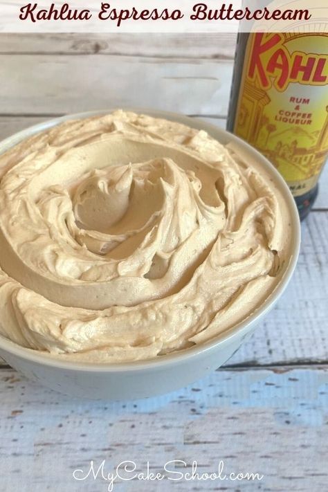 This Kahlua Espresso Buttercream Frosting is so easy and delicious! We love the balance of espresso and Kahlua with our chocolate cake recipes, especially our Chocolate Kahlua Cake! This buttercream pipes perfectly and tastes fabulous. Enjoy! #kahlua #kahluafrosting #kahluabuttercream #kahluaespressobuttercream #frosting Espresso Buttercream Frosting, Chocolate Kahlua Cake, Pumpkin Spice Latte Cake, American Buttercream Recipe, Espresso Buttercream, My Cake School, Kahlua Recipes, Kahlua Cake, Sour Cream Chocolate Cake