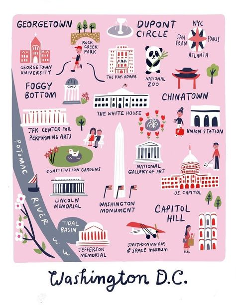 Washington Dc City, Washington Dc Art, Georgetown Washington Dc, Washington Dc Map, Kids Nursery Art, Dupont Circle, Jefferson Memorial, Map Illustration, Washington Dc Travel