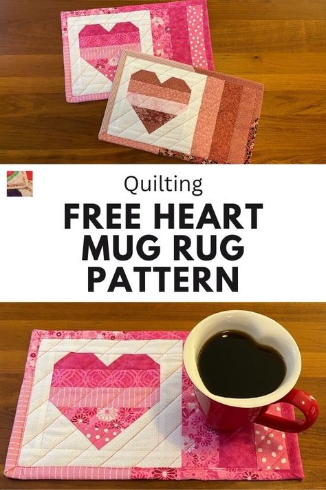 This fun Valentine snack mat is just the right size for a beverage and a snack. Celebrate Valentine's Day all year long with this cozy quilted mug rug! Valentine Mug Rugs Free Pattern, Mug Mats Patterns Free, Mug Rug Tutorial Free Pattern, Christmas Mug Rugs Patterns Free, Quilted Mug Rug Patterns Free, Valentine Snack, Mug Rug Pattern, Quilted Mug Rug, Christmas Mug Rugs