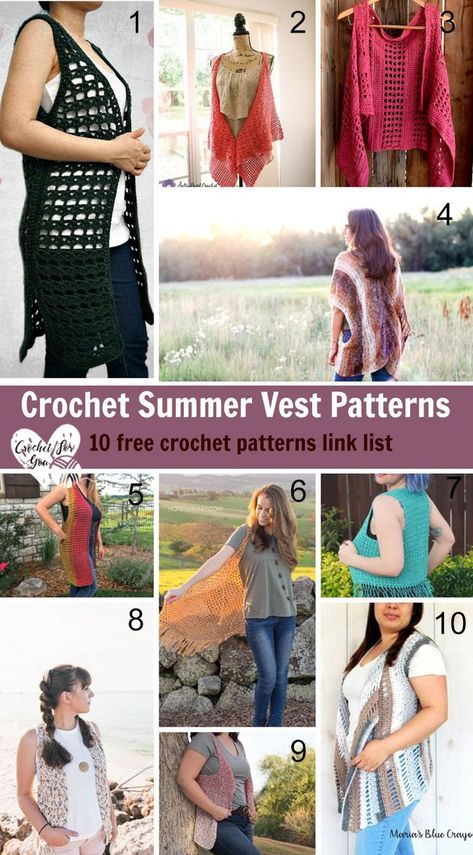 Crochet Summer Vest Patterns - Crochet For You #crochetforyoublog #crochetvestpattern #freecrochetpatterns Crochet Summer Vest, Crochet Vest Patterns, Crochet Vest Pattern Free, Vest Patterns, Crochet Mittens Free Pattern, Vest Crochet, Crochet Pig, Crochet Snowman, Boho Vest