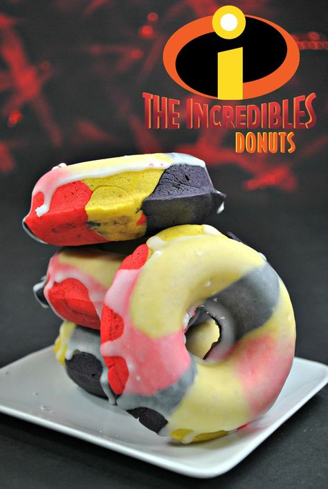 Incredibles Themed Glazed Donuts #Incredibles2 Perfect for #NationalDonutDay or Incredibles Party Food. Incredibles Party, Incredibles Birthday Party, Disney Baking, Disney Parties, Black Food Coloring, Glazed Donuts, Colorful Donuts, National Donut Day, Jack Jack