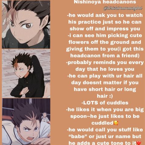 Nishinoya As A Boyfriend, Nishinoya Yuu Headcanon, Nishinoya X Y/n, Nishinoya Headcanon, Haikyuu Headcanons Tiktok, Kuroo X Yn Spicy, Nishinoya X Yn, Nishinoya Yuu Fanart, Shifting Haikyuu