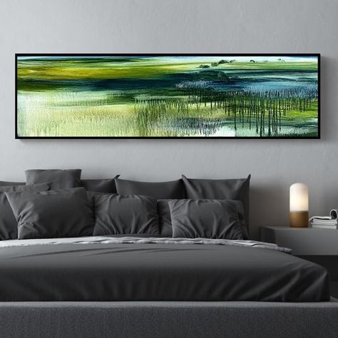 Large Horizontal Wall Art Long Narrow Horizontal Wall Art - Etsy Australia Large Horizontal Wall Art, Tall Wall Art, Abstract Poppies, Horizontal Painting, Long Painting, Art Above Bed, Horizontal Wall Art, Green Paintings, Stretched Painting