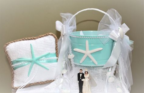 Coastal Wedding Flowers, Flower Girl Pail, Diy Flower Girl Basket, Wedding Flower Girl Basket, Ring Bearer Pillow, Diy Basket, Coastal Wedding, Wedding Flower Girl, Flower Girl Basket