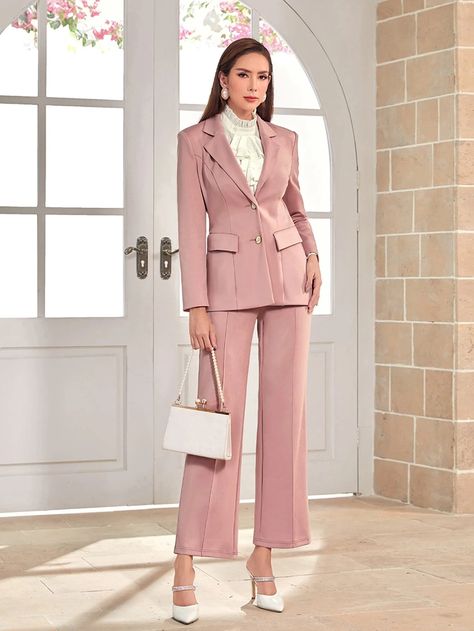 SHEIN Modely Lapel Neck Blazer & Seam Front Pants | SHEIN USA Blazer E Short, Double Breasted Vest, Funky Style, Womens Suits, Vest Blazer, Women Overcoat, Belted Pants, Funky Fashion, Blazer And Shorts